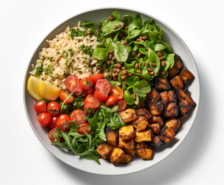 Plate of salad with grilled chicken, rice and tomatoes on white backgroundの素材