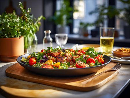 A home-cooked meal consisting of meat, potatoes and salad ingredients. A plate of food and setup on a wooden table.の素材