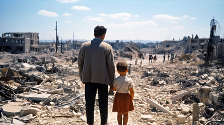 A man with a child stands in front of the ruins of an abandoned building.の素材