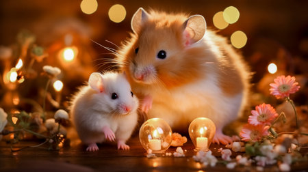 Hamster and little mouse in the light of garlands on a wooden backgroundの素材
