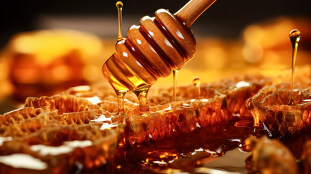 Honey dripping from a wooden honey dipper on a black backgroundの素材