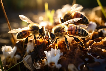 Close up of bees on honeycombs in the sun light.の素材