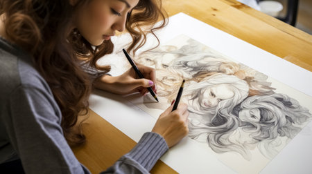 Young beautiful woman drawing a picture on a white canvas in the studioの素材