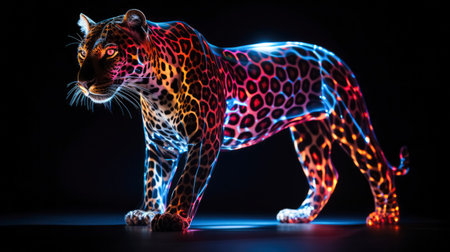 Neon leopard on black background with red and blue lights.の素材