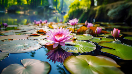 Beautiful lotus flower blooming in the pond with sunlight.の素材