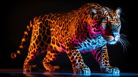 Fashionable leopard isolated on black background. Colorful animal portrait.の素材