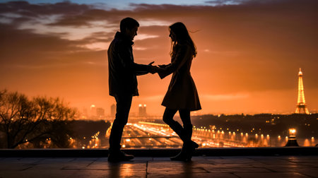 Silhouette of a romantic couple on the background of the Eiffel tower at sunset. Romantic marriage proposal in Paris.の素材