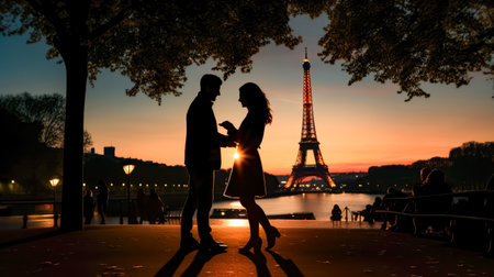 Silhouette of a romantic couple on the background of the Eiffel tower at sunset. Romantic marriage proposal in Paris.の素材