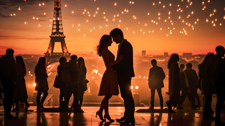 Silhouette of a romantic couple on the background of the Eiffel tower at sunset. Romantic marriage proposal in Paris.の素材
