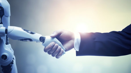 Close up of businessman shaking hand with robot against blurry office building backgroundの素材