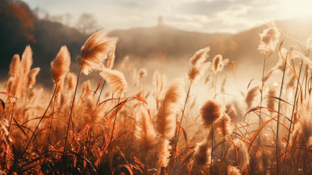 Beautiful golden reeds and fog in the meadow at sunset. Nature background. Beautiful autumn landscape.の素材