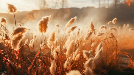 Beautiful golden reeds and fog in the meadow at sunset. Nature background. Beautiful autumn landscape.の素材