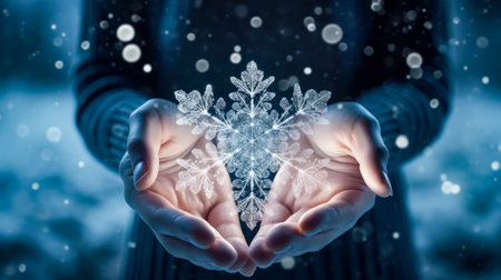 Close up of woman hands holding snowflake in palms on snowy backgroundの素材