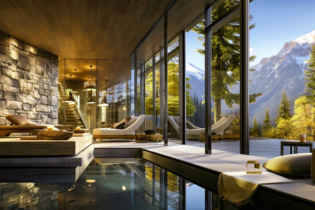 3d rendering of modern luxury chalet with pool and mountains viewの素材