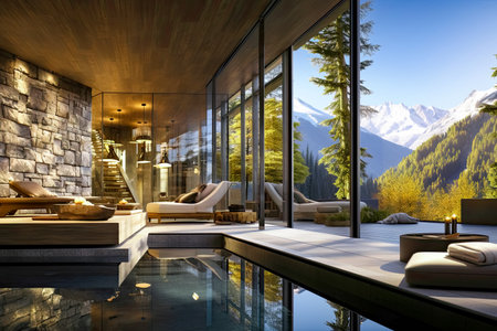 3d rendering of modern bright interiors Living room with mountains viewの素材
