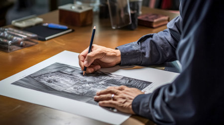 Architect working on blueprint at office. Architect drawing a blueprint.の素材