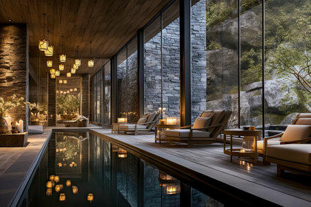 Luxury hotel swimming pool with glass wall, 3d renderingの素材