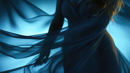 Beautiful girl in a long dress on a blue background. Studio shot.の素材