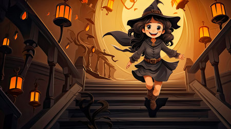 Illustration of a girl in a witch costume jumping on the stairsの素材