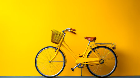 Yellow bicycle with basket on yellow wall background. Minimal style.の素材