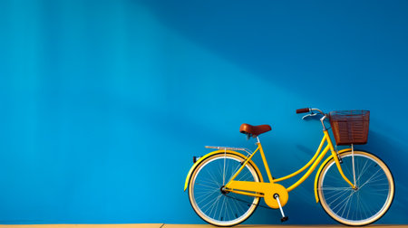 Bicycle with basket on blue wall background. Copy space for text.の素材