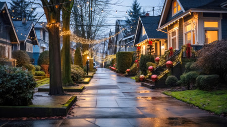 Lights and decorations on the streets of the city in the evening.の素材