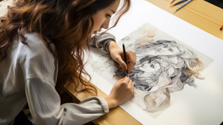 Beautiful young asian woman artist drawing on canvas with pencilsの素材