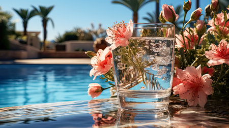 Lily flowers in a glass on the background of the swimming poolの素材
