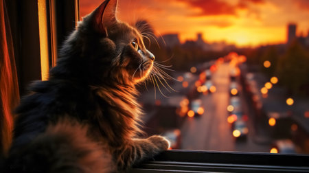 Cute Maine Coon cat looking out the window at sunset.の素材