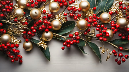 Christmas decoration with holly berries and gold baubles on wooden backgroundの素材