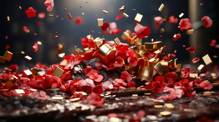 Valentine's day background with falling red confetti. 3d renderingの素材