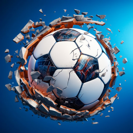 Soccer ball breaking through a wall on blue background. 3d illustrationの素材