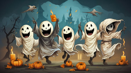 Illustration of a group of ghosts with candles and pumpkins on Halloweenの素材