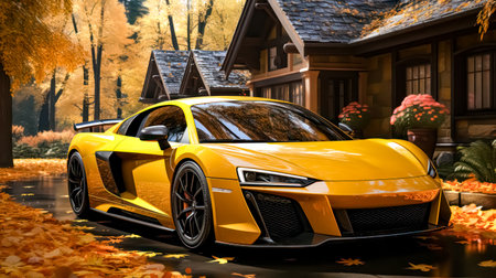 3D rendering of a brand-less generic concept car in the countrysideの素材