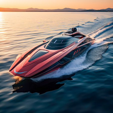 Speedboat in the sea at sunset. 3D Rendering.の素材