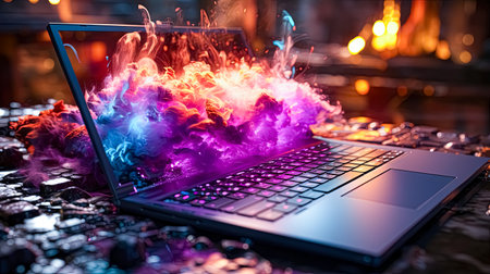 Conceptual image of burning laptop keyboard with fire and smoke.の素材