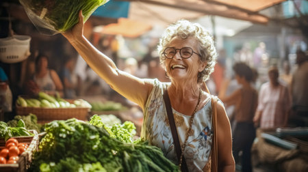 Portrait of happy senior woman buying vegetables at market counter in cityの素材