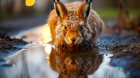 Cute red hare in a puddle at sunset with reflectionの素材