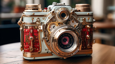 Beautiful, Vintage photo camera on a wooden table, close up.の素材
