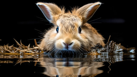 Cute little brown rabbit on black background with reflection in water.の素材