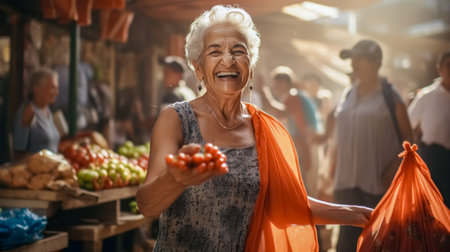 Portrait of happy senior woman holding bunch of ripe tomatoesの素材