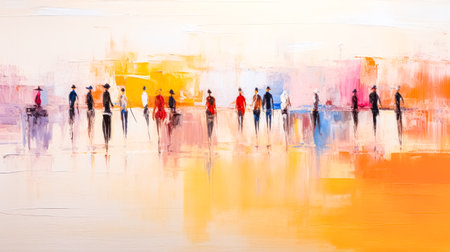 Colorful abstract painting of a group of people walking in the streetの素材