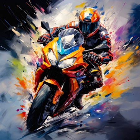 Motorcycle rider in action on the road. 3d rendering. Digital color painting. Sport bike. Motorcycle artwork.の素材
