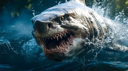 Great white shark in water. Close-up of a great white shark.の素材