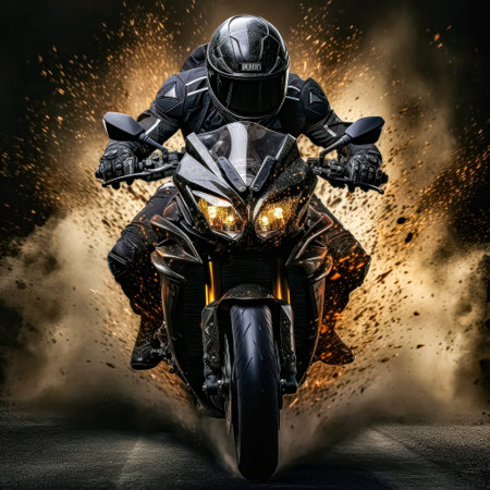 Motorcycle rider in sport helmet and leather jacket riding fast on a motorcycle.の素材