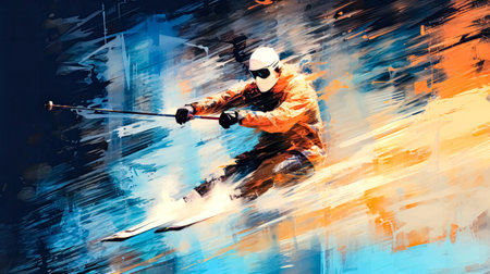 Digital painting of a skier in action. Extreme winter sport.の素材