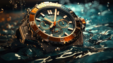Wristwatch on water surface with splashes. 3D rendering.
Wristwatch in water, Computer digital drawing.の素材