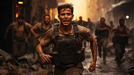 War Concept. Military silhouettes fighting scene on war fog sky background, World War Soldiers Silhouettes Below Cloudy Skyline At night. Attack scene. Selective focus.の素材