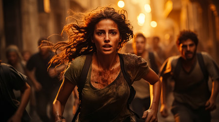 People escaping from the war and experiencing panic in the streets are running among the collapsed buildings. Fire and explosion backgrounds behind the stage.の素材
