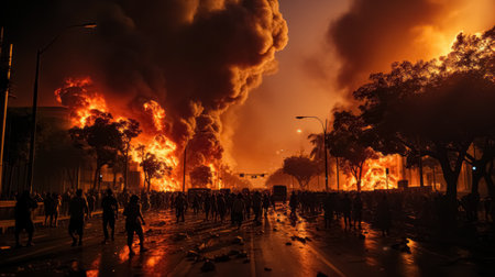 War Concept. Military silhouettes fighting scene on war fog sky background, Crowd of people watching a big fire in the city at sunset.の素材